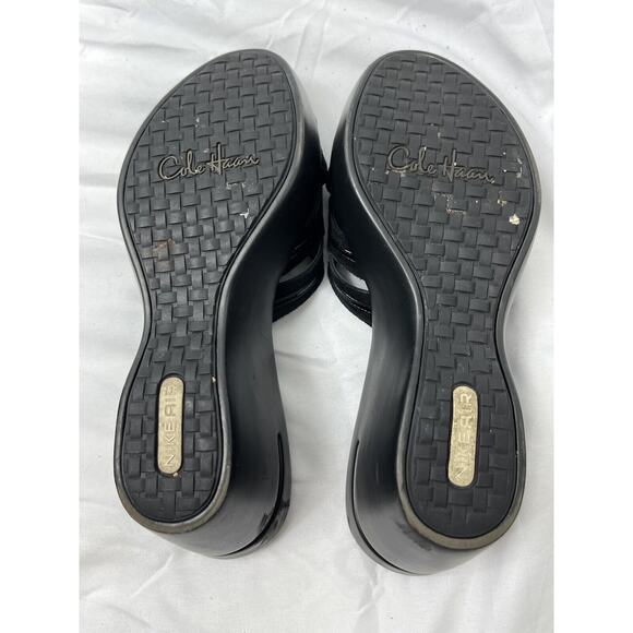 COLE HAAN Rich Black Suede Patent Leather SLIDE SANDALS SHOES 7 B Wedge Heels - Picture 7 of 10